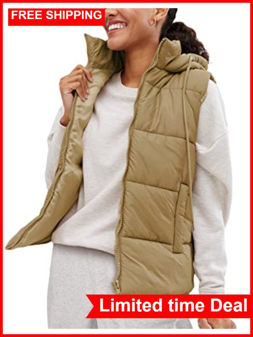 Puffer Vest with Removable Hood Sleeveless Full Zip Quilted Nylon